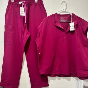 Figs Dark Margenta Scrub Set XL w/ Top & Petite High Waisted Pants
